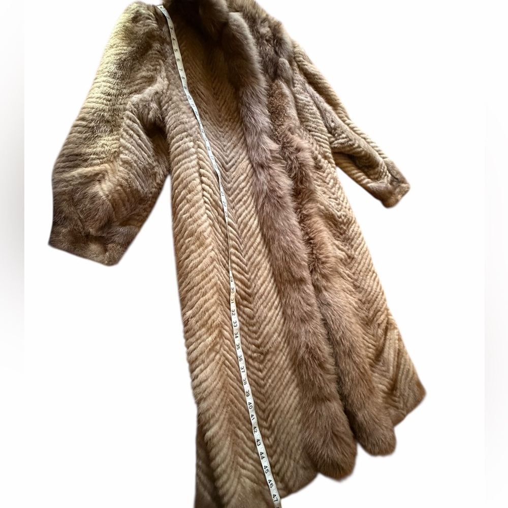 RARE Authentic SAGA Mink Fur Long Coat Camel Brown Herringbone SAGA Fox Trim M - Picture 12 of 14